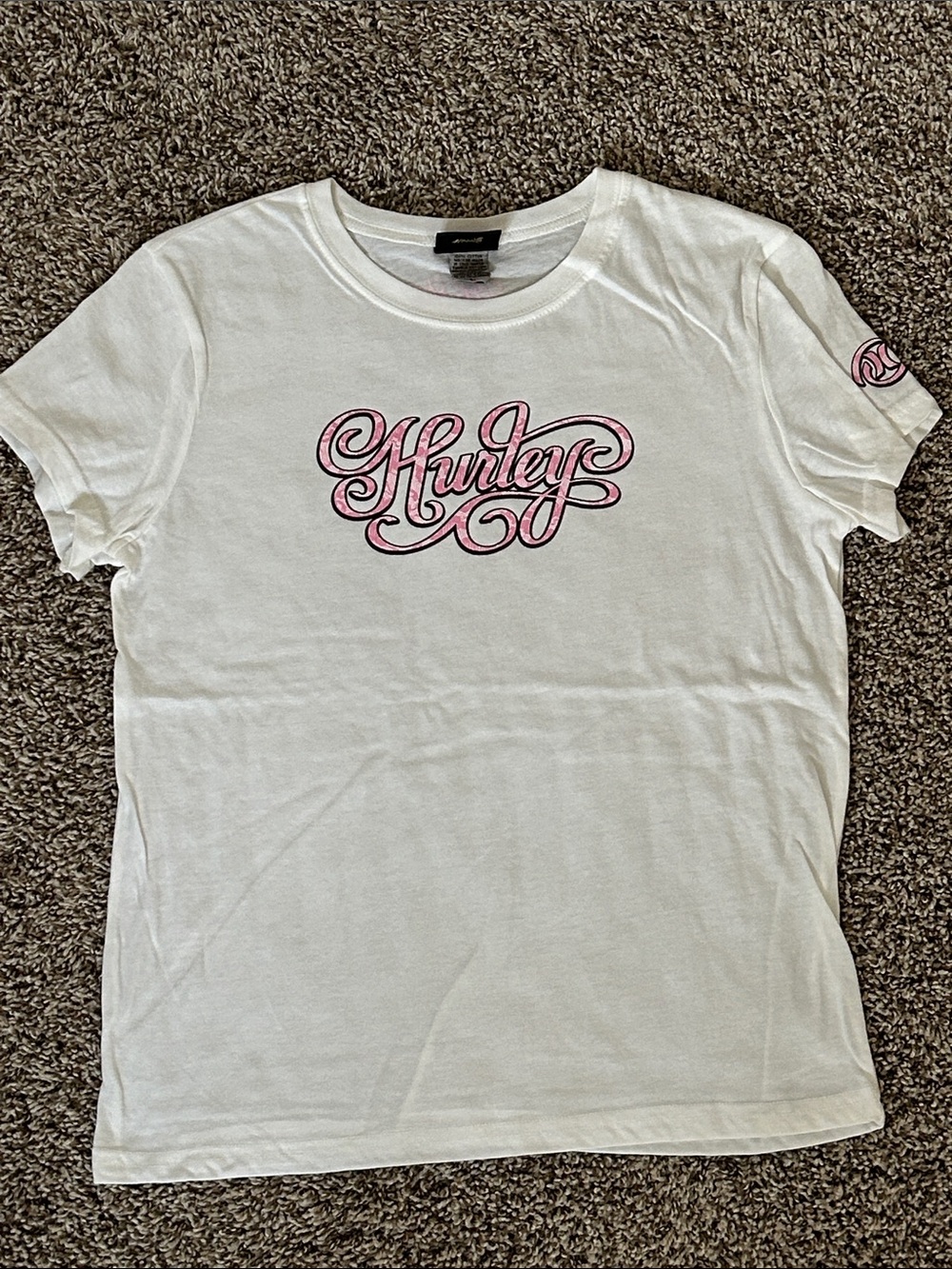 NWOT Hurley 100% Cotton Vintage White Tee with Pink Script Logo | Size L